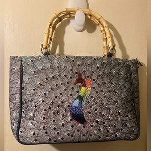 Peacock Beaded Purse w/Wooden Handles--NWOT--Large--Great Collector's Item